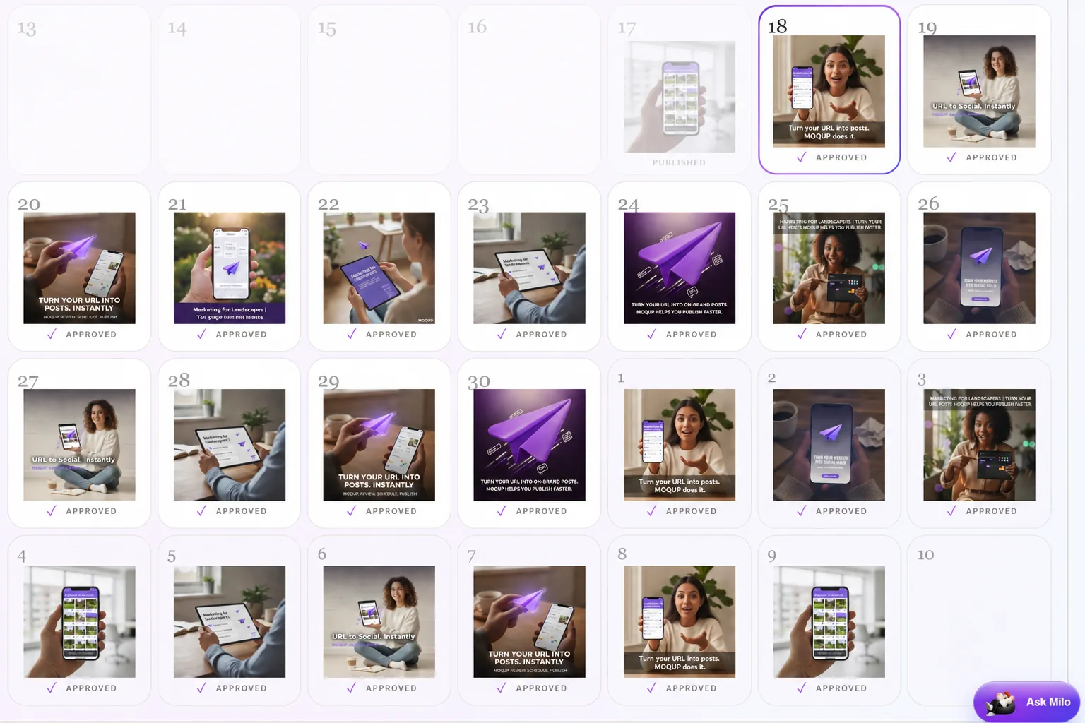 Moqup calendar filled with approved and scheduled social media posts