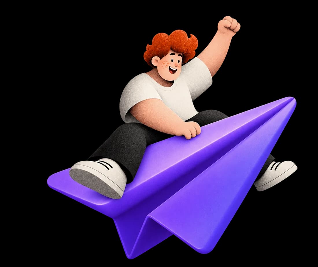 Milo riding a purple Moqup paper plane